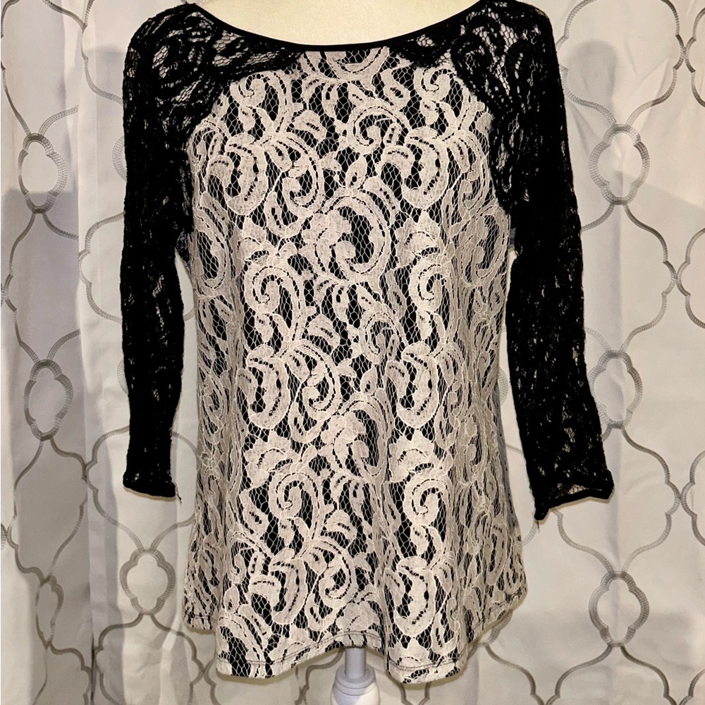 Ann Taylor Cream and Black Lace Blouse with Relaxed Fit